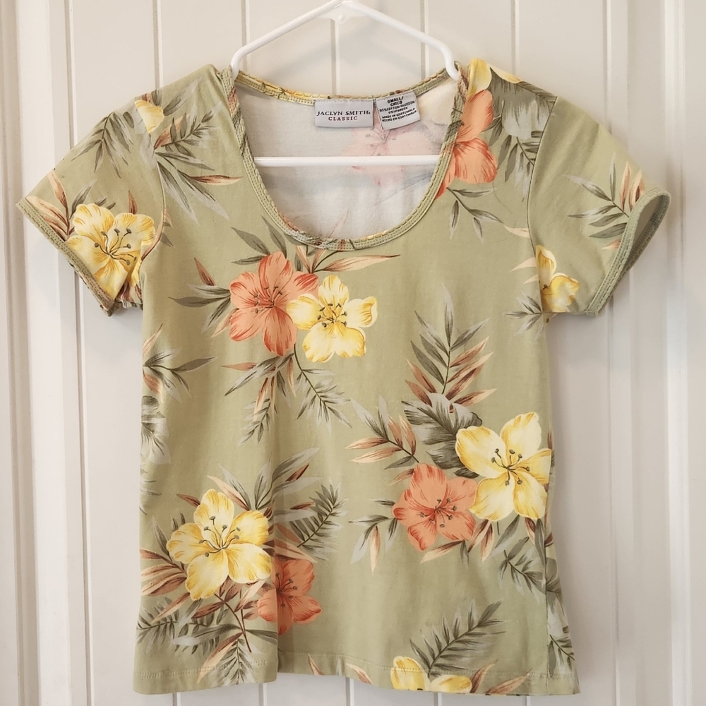 Vintage Jaclyn Smith Sage Green Tropical/Hibiscus Short Sleeve Top, Size Small
